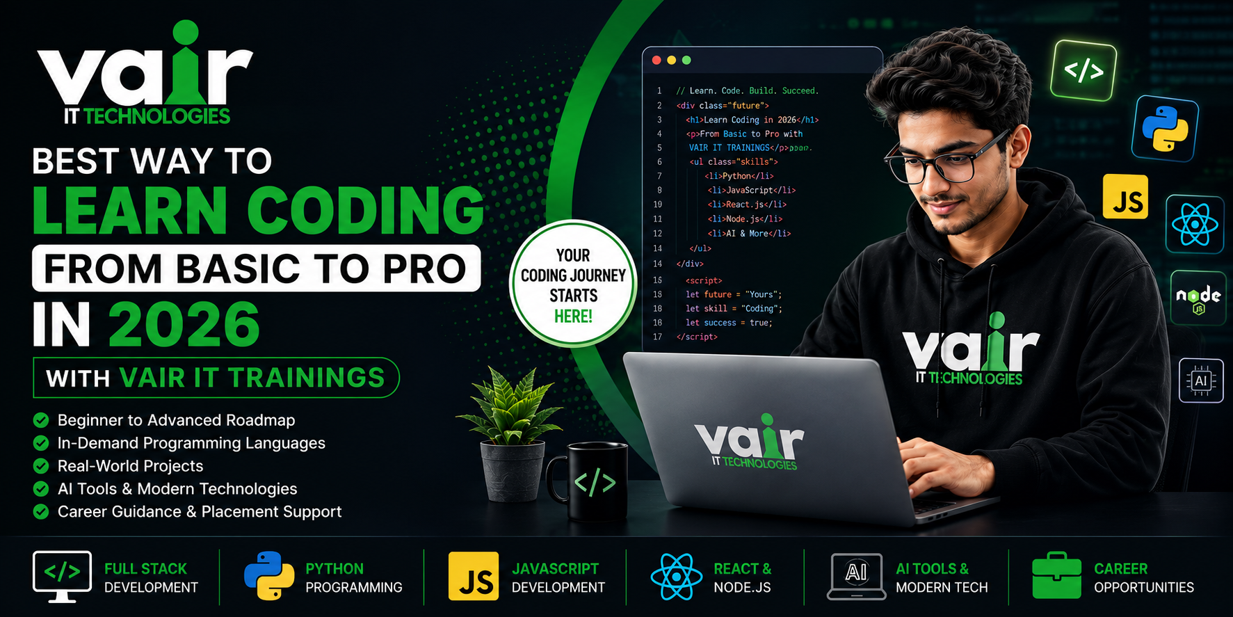 Best Way to Learn Coding from Basic to Pro in 2026 with VAIR IT TRAININGS – Full Stack Development, Python, JavaScript, React JS, Node.js & AI Programming Course