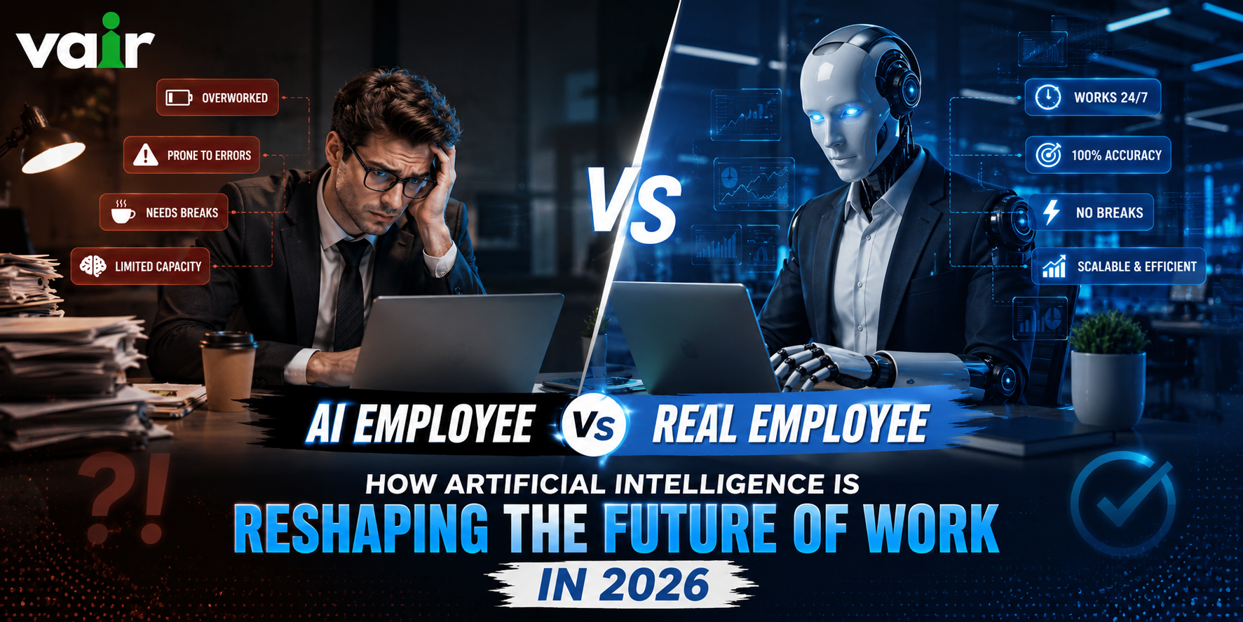 AI employee vs real employee comparison showing artificial intelligence and humans working together in the future workplace