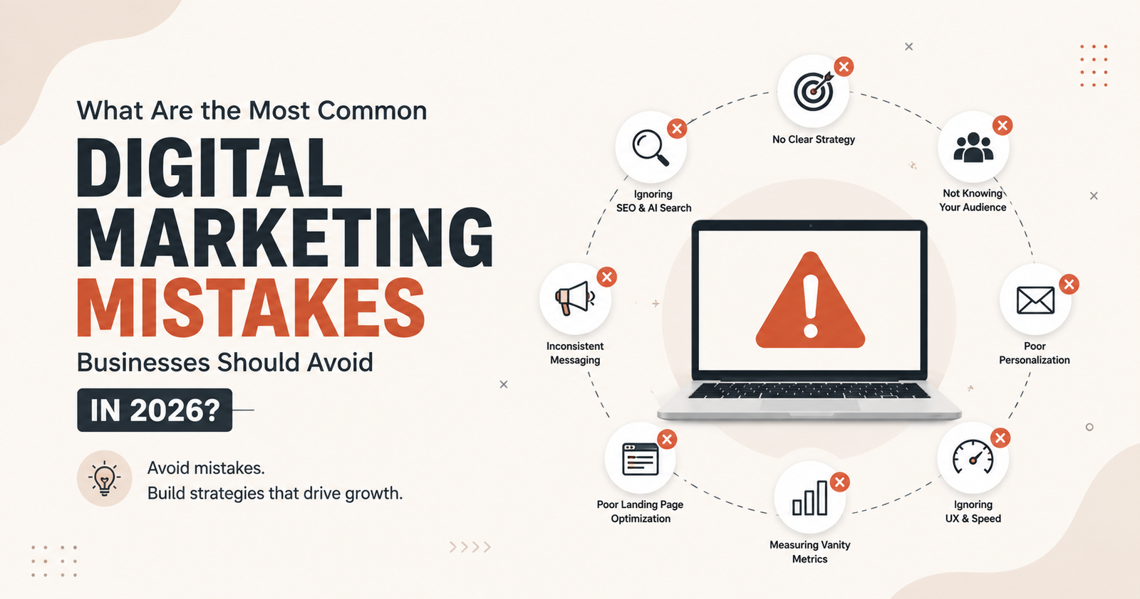 Common digital marketing mistakes businesses should avoid in 2026 featuring a modern target illustration with strategy, SEO, AI search, content, and analytics icons.
