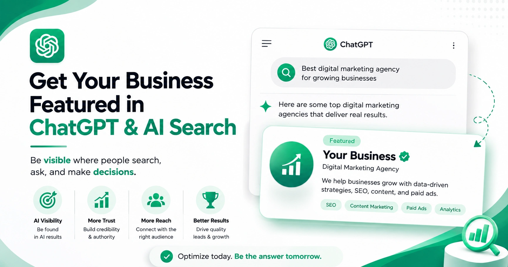 Illustration promoting AI search optimization, showing a business featured in ChatGPT and AI search results with benefits including AI visibility, trust, reach, and business growth through SEO and digital marketing.