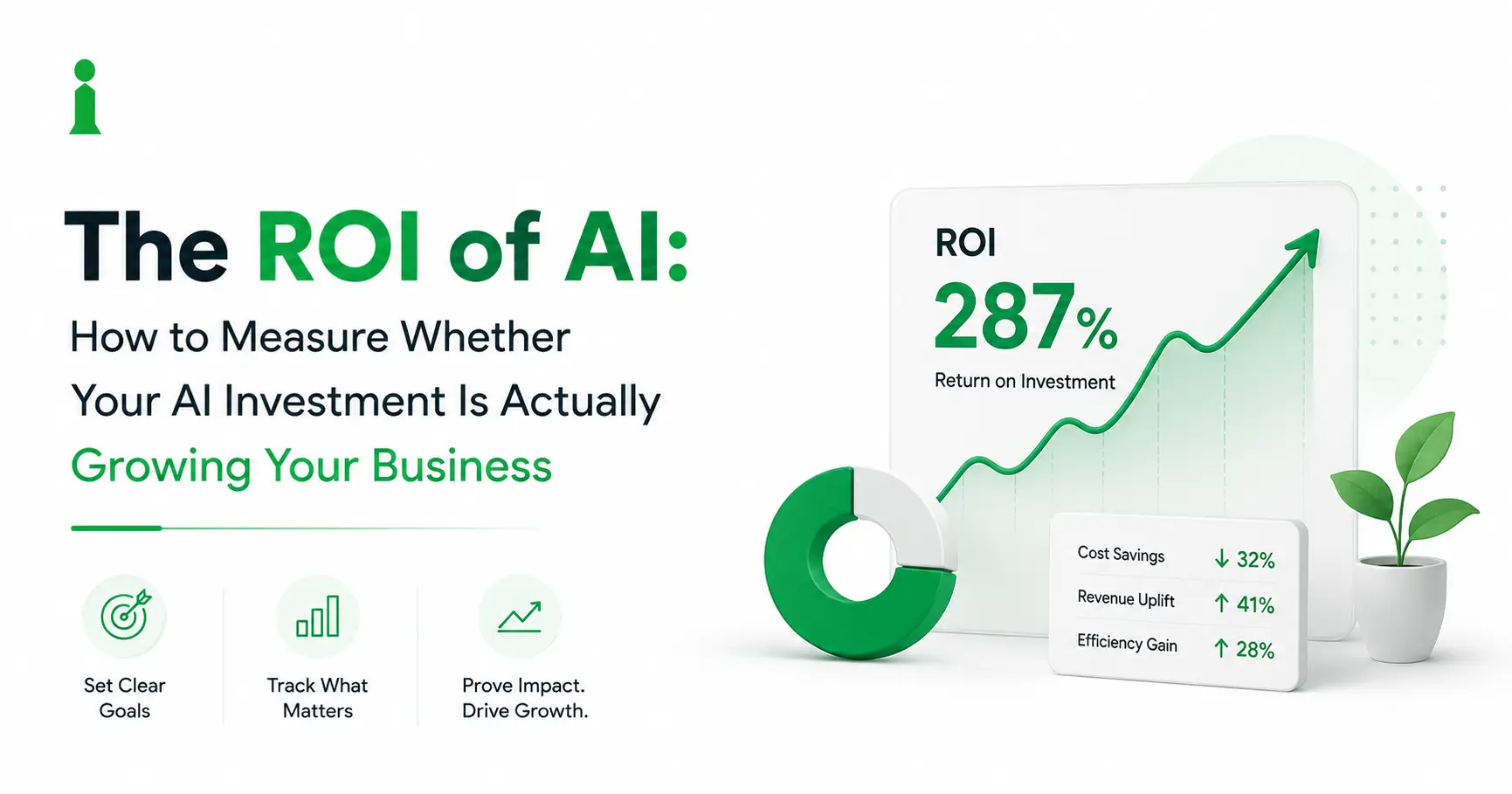 Minimal white and emerald-green cover image showing AI investment balanced against business growth, represented by an AI chip, rising revenue chart, dollar icon, and small plant.