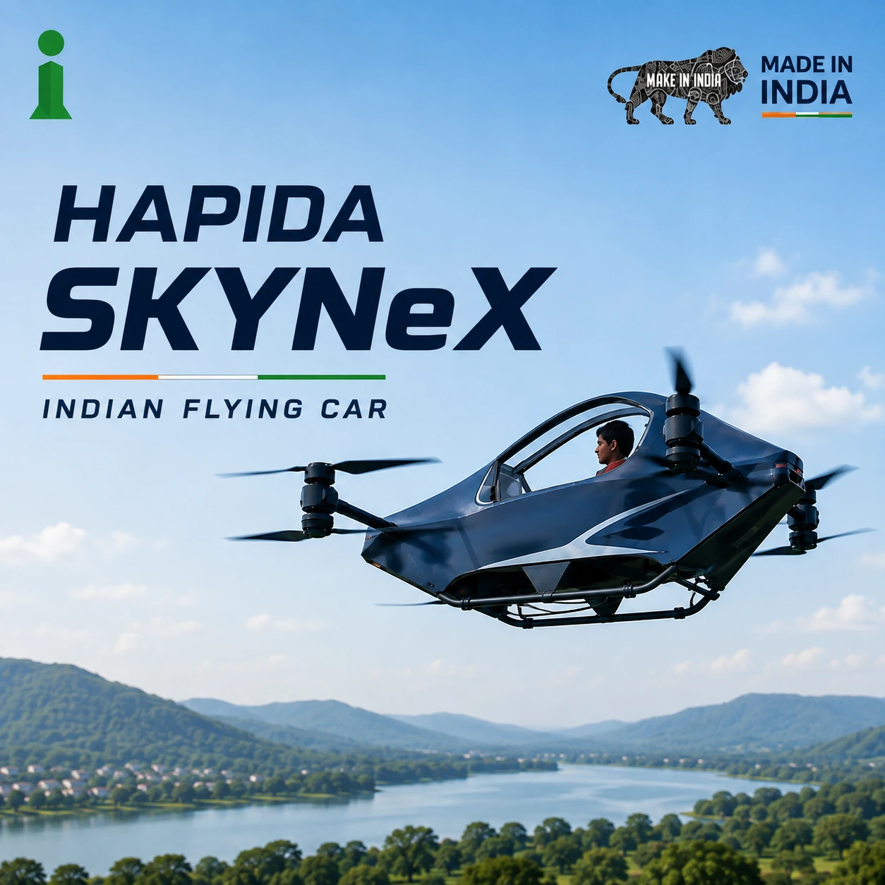HAPIDA SKYNeX, an Indian flying car, hovers over a green mountain and lake landscape beneath a blue sky, with Made in India branding and a green logo in the upper corners.