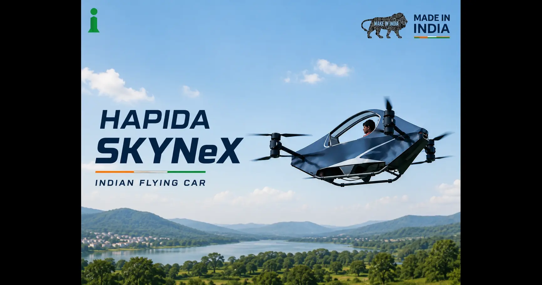 A futuristic Indian flying car (HAPIDA SKYNeX) flies over a lush green landscape under a clear blue sky, with minimal typography reading “HAPIDA SKYNeX – Indian Flying Car” on the left, creating a clean and modern editorial design.