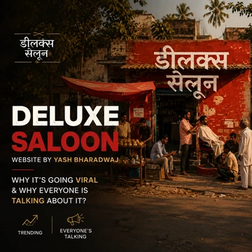 Square cover image showing the red Deluxe Saloon storefront in an Indian street setting, with a barber serving a customer and people nearby; bold “DELUXE SALOON” text and a short viral-trend headline appear on the left.