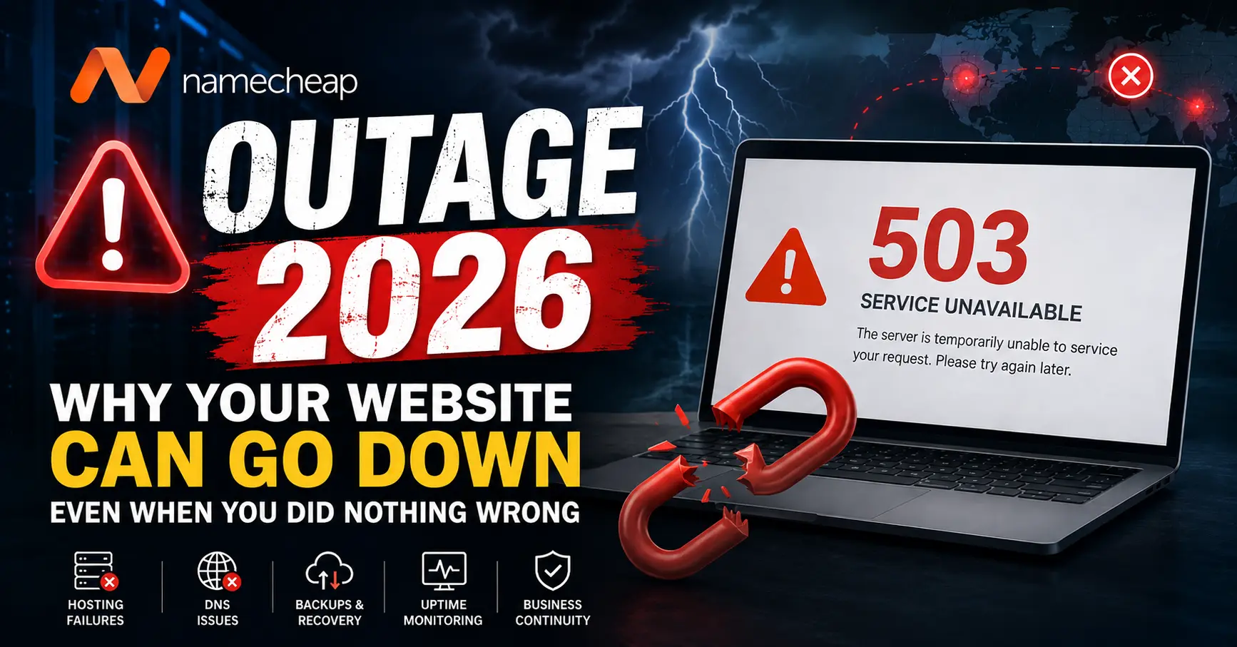 Namecheap outage 2026 highlighting website downtime, 503 service unavailable error, hosting failure, DNS issues, backups, uptime monitoring and business continuity