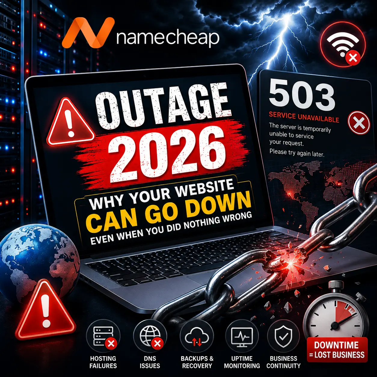 Namecheap outage 2026 showing a website 503 error, server failure, DNS issues and website downtime