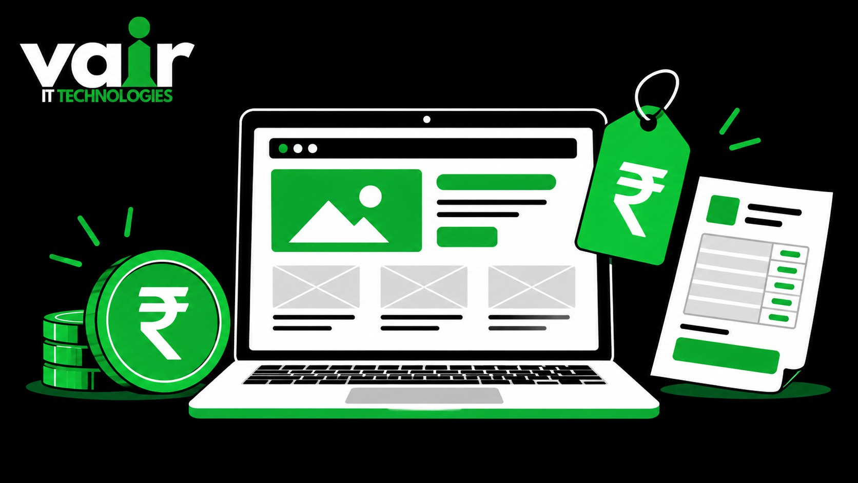 Flat illustration of a laptop with a website wireframe, Indian rupee coin, price tag and invoice showing website development cost in India 2026