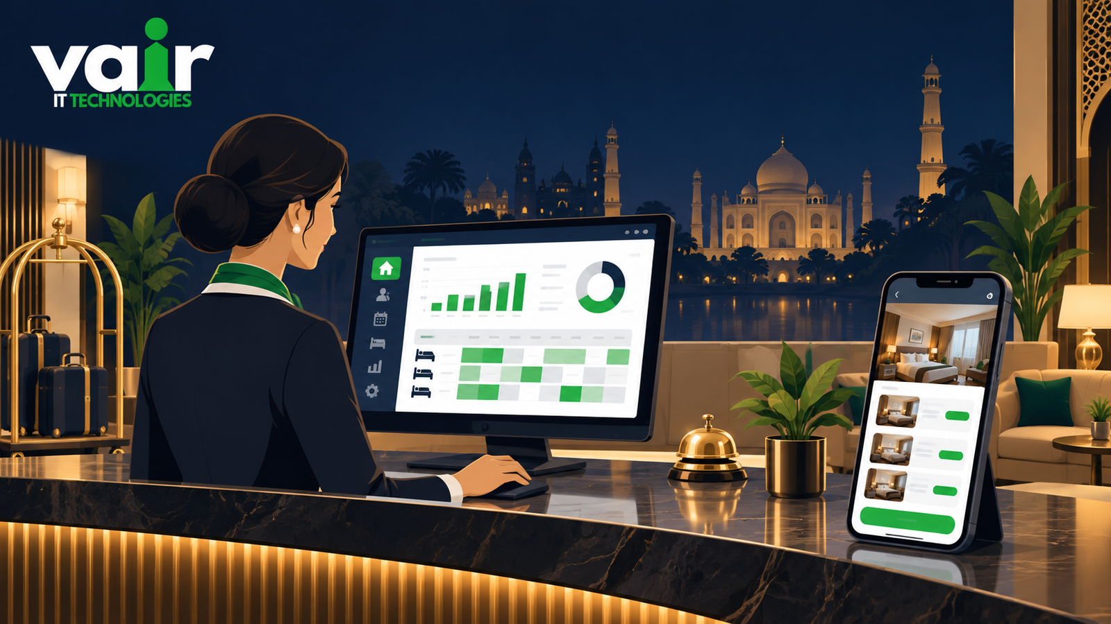 Illustration of an Indian hotel front desk with a PMS dashboard and mobile booking app, representing hotel management software in India