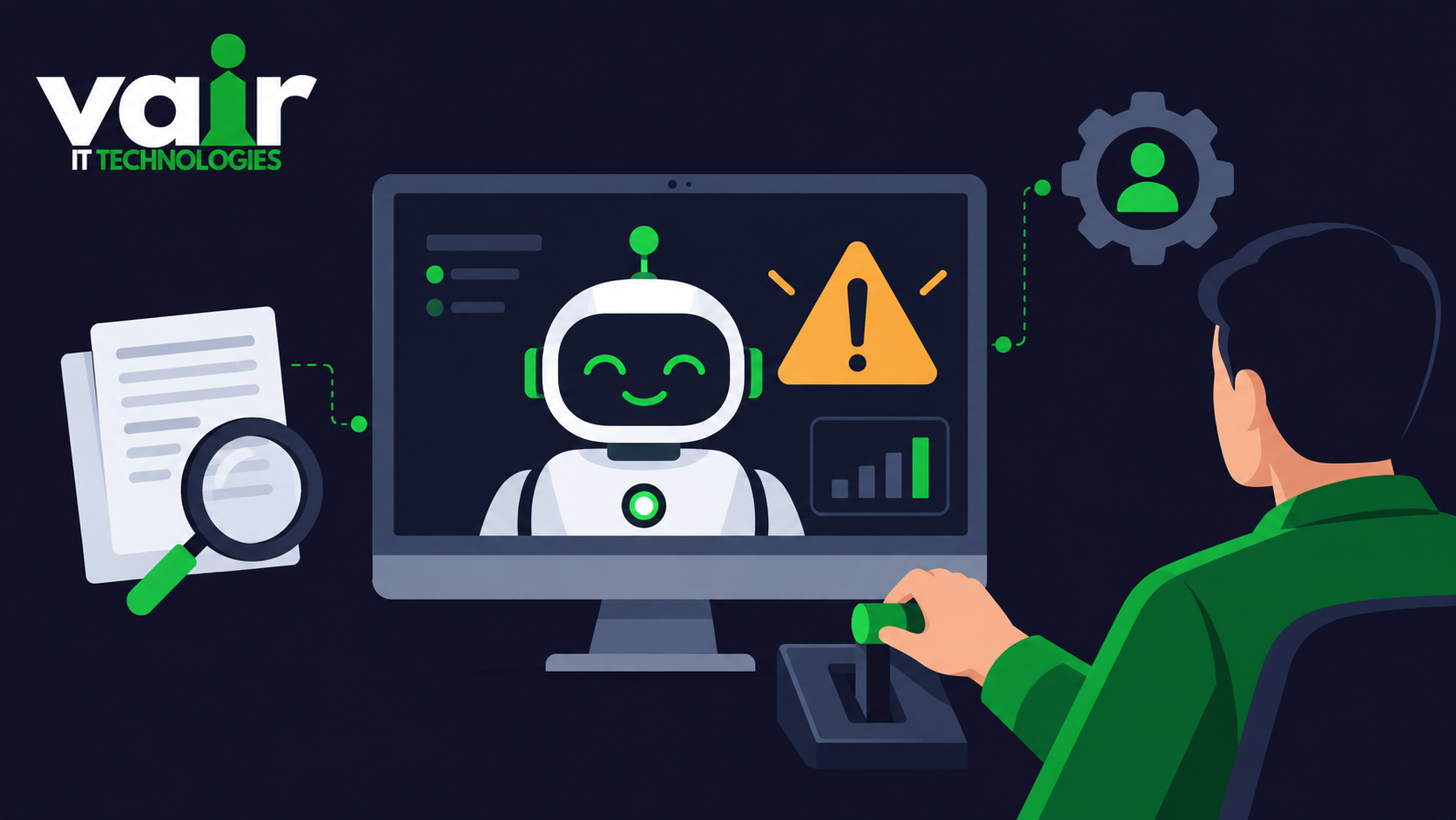 Robot on a computer monitor with an amber warning sign and a human hand on a control switch, representing AI oversight for businesses
