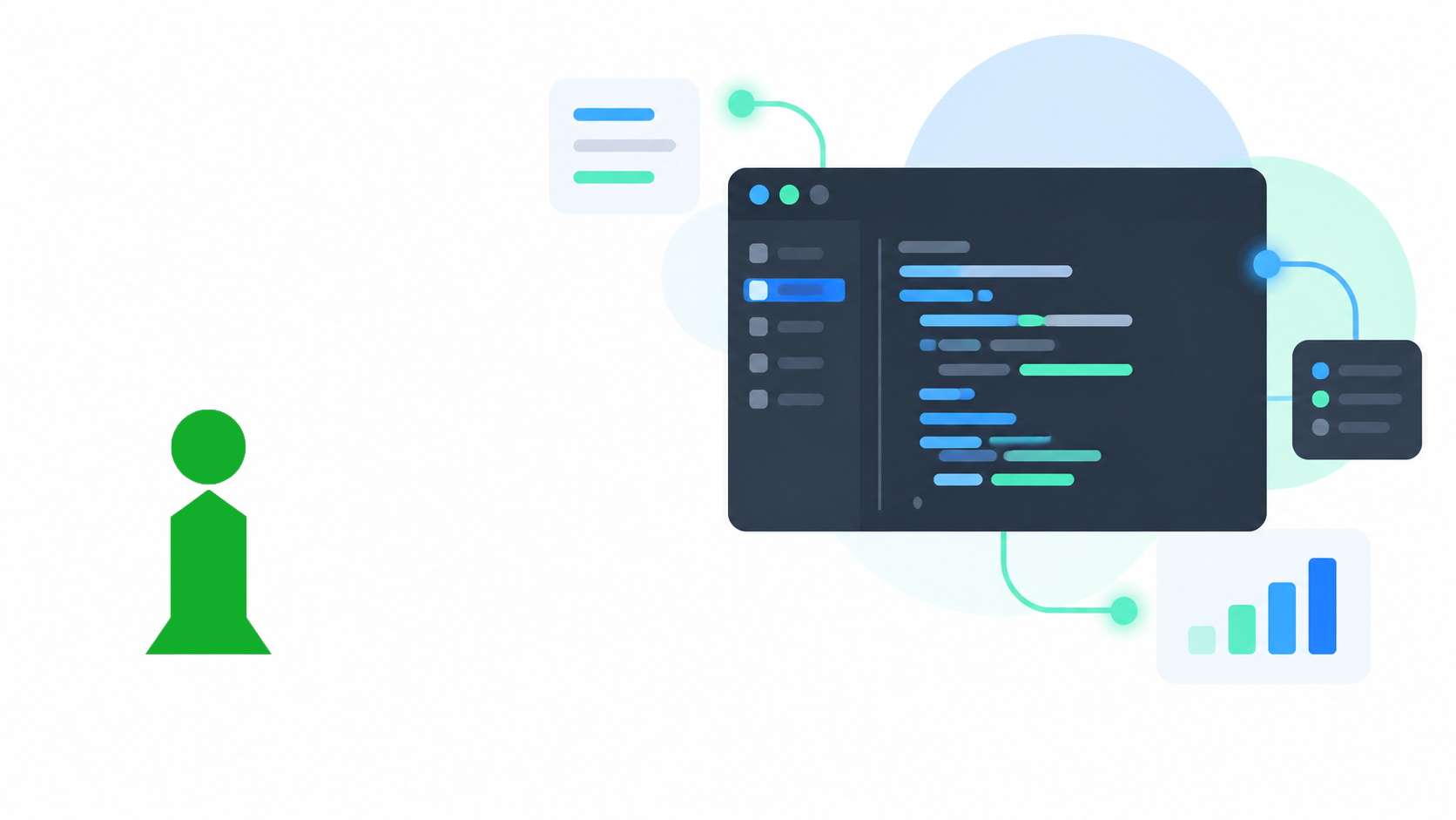 Code editor illustration with the VAIR IT i icon on a white background, representing AI-assisted software development