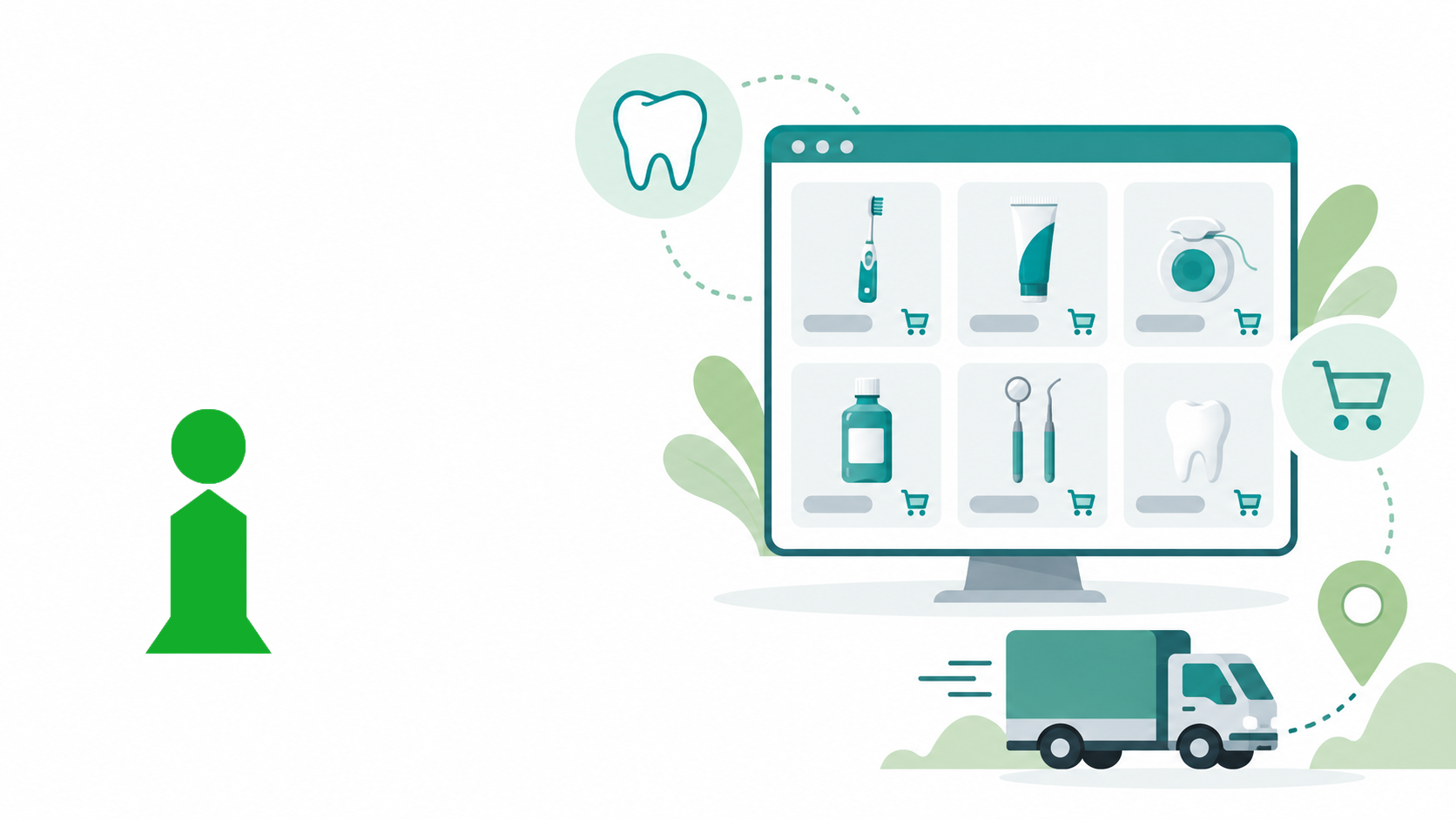 Illustration of an online dental supply catalog with delivery, with the VAIR IT i icon
