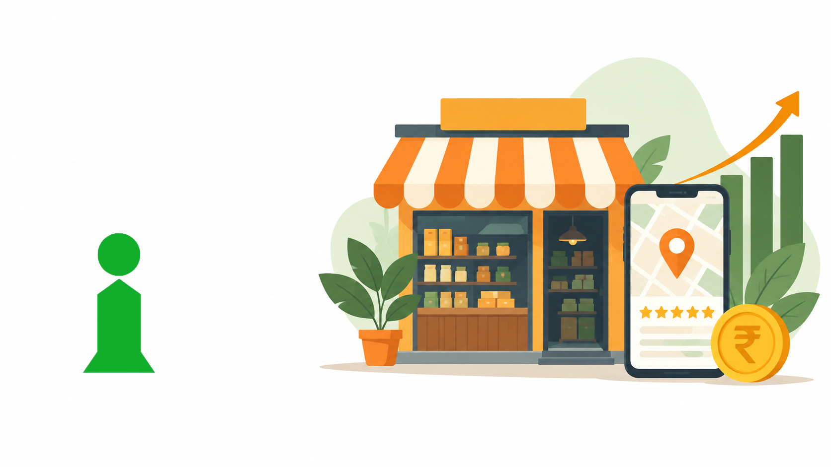Illustration of an Indian small shop with a phone showing a map pin and reviews, with the VAIR IT i icon