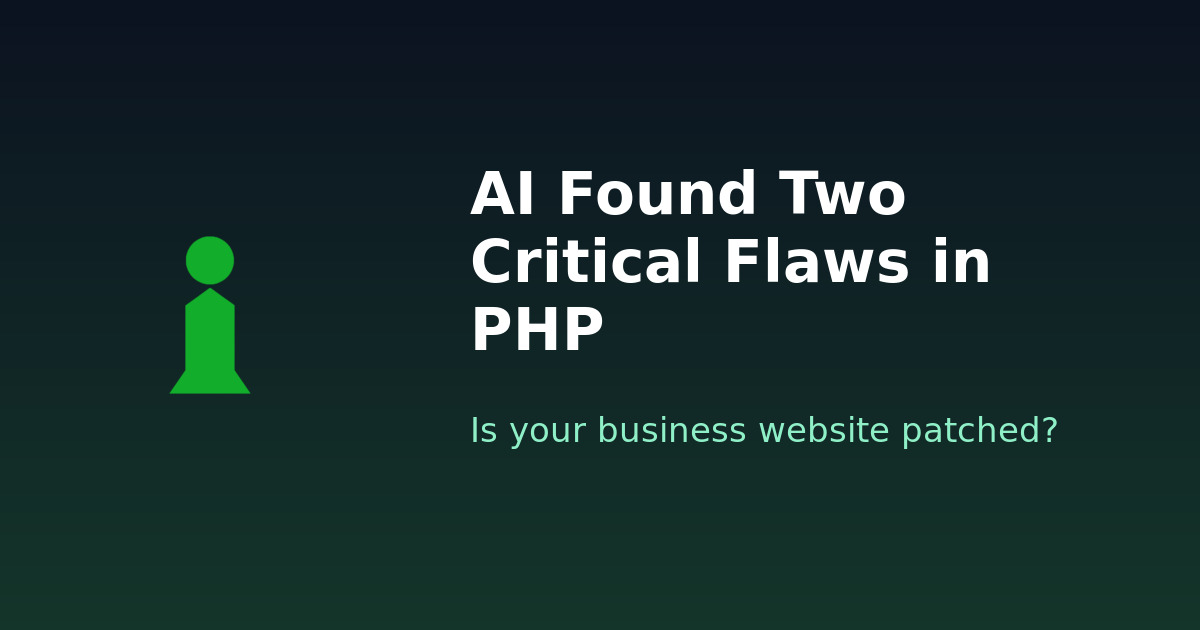 Illustration with VAIR IT icon and text: AI found two critical flaws in PHP - is your business website patched?